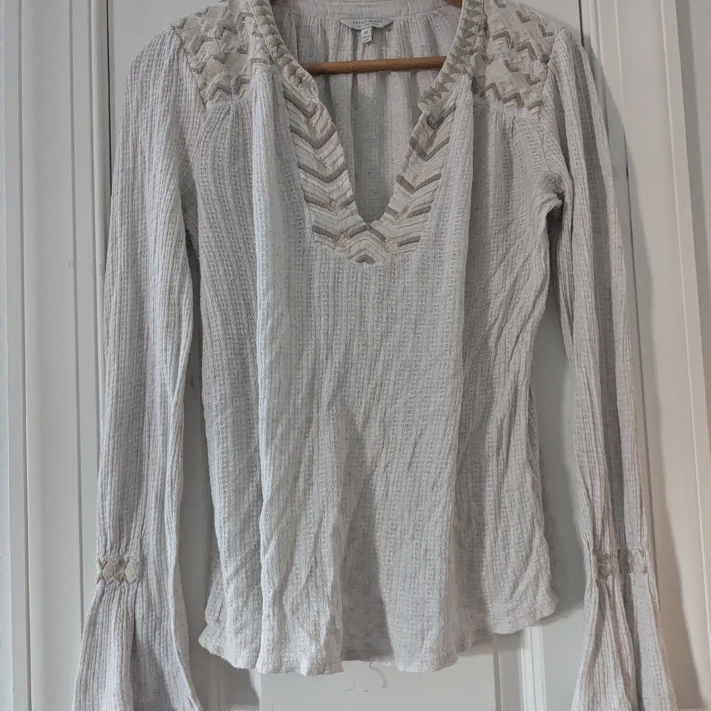 Lucky Brand Bohemian Cream V-Neck Blouse Embroidered Medium